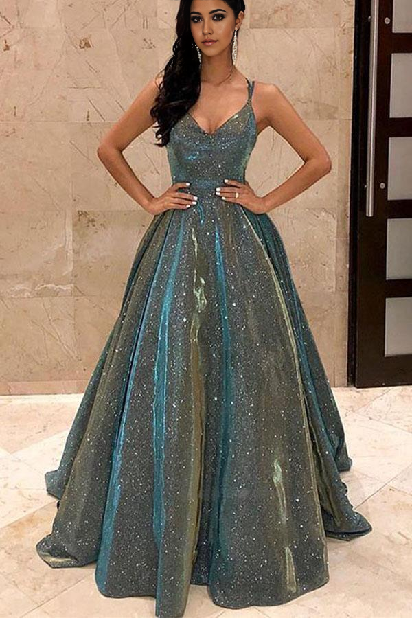 Sparkly V Neck Satin Cross Back Ball Gown Long evening gown Prom Dresses